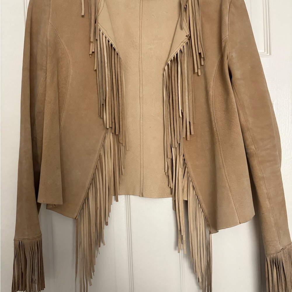 Vintage Mixit Tan Leather Jacket with Fringe Details